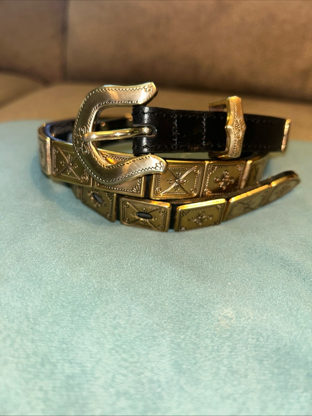 VTG Brighton Black Leather Belt Gold-Tone Studded Centurion Western S 28”